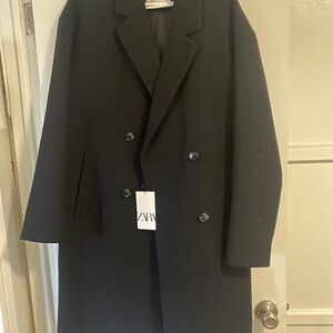 Zara Black Pea Coat Double-Breasted Wool